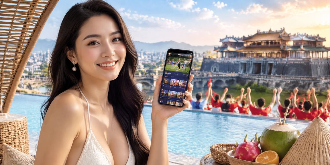Người phụ nữ đội nón lá tại Huế dùng ứng dụng di động theo dõi thể thao trực tuyến